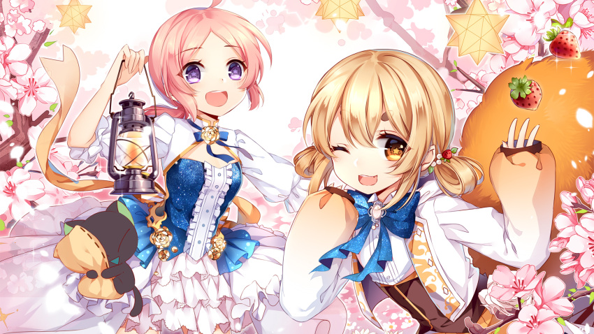 2girls black_cat cat cherry_blossoms food fruit highres lantern luoxiaobai luoxiaohei multiple_girls shanxin_(the_legend_of_luoxiaohei) star star-shaped_pupils strawberry symbol-shaped_pupils the_legend_of_luoxiaohei