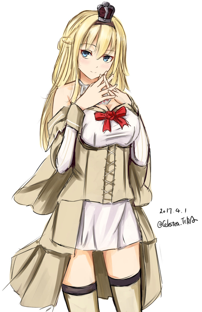 10s 1girl 2017 blonde_hair blue_eyes braid celestea_tera cowboy_shot crown dated dress fingers_together french_braid highres kantai_collection long_hair long_sleeves mini_crown off-shoulder_dress off_shoulder shirt simple_background solo standing thigh-highs twitter_username warspite_(kantai_collection) white_background white_dress white_legwear white_shirt
