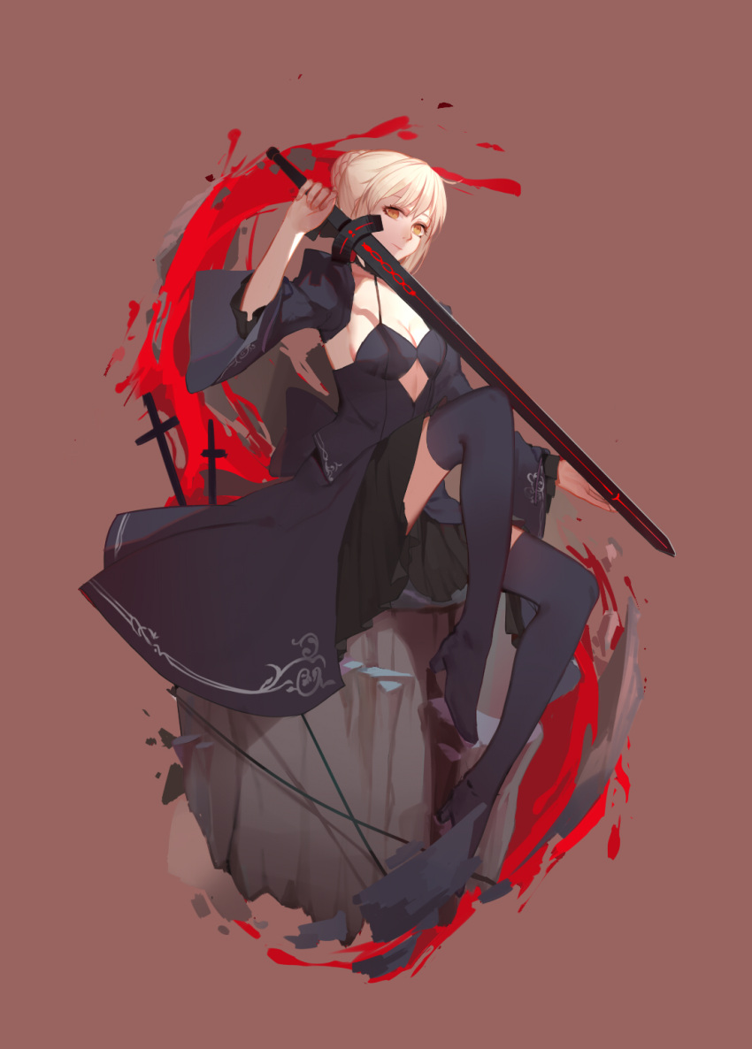 1girl bare_shoulders black_legwear black_skirt blonde_hair boots braid breasts broken_(7589468) cleavage dark_excalibur detached_sleeves fate_(series) french_braid gothic_lolita highres holding holding_sword holding_weapon lolita_fashion long_sleeves looking_at_viewer puffy_long_sleeves puffy_sleeves saber saber_alter sitting skirt solo sword thigh-highs thigh_boots weapon yellow_eyes