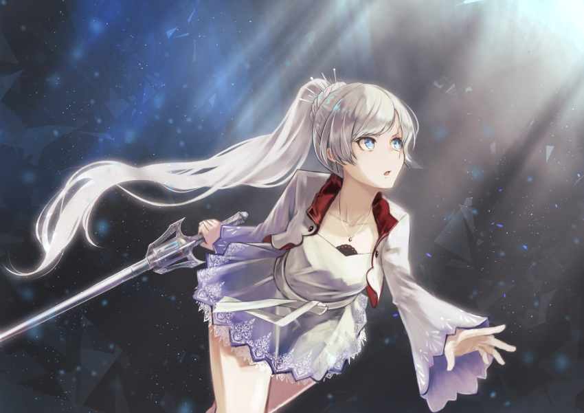 1girl blue_eyes brat cropped_jacket dress high_collar jewelry lace lace-trimmed_skirt long_sleeves myrtenaster necklace pendant petticoat ponytail rapier rwby side_ponytail skirt solo strapless strapless_dress sword tiara weapon weiss_schnee white_dress white_hair wide_sleeves