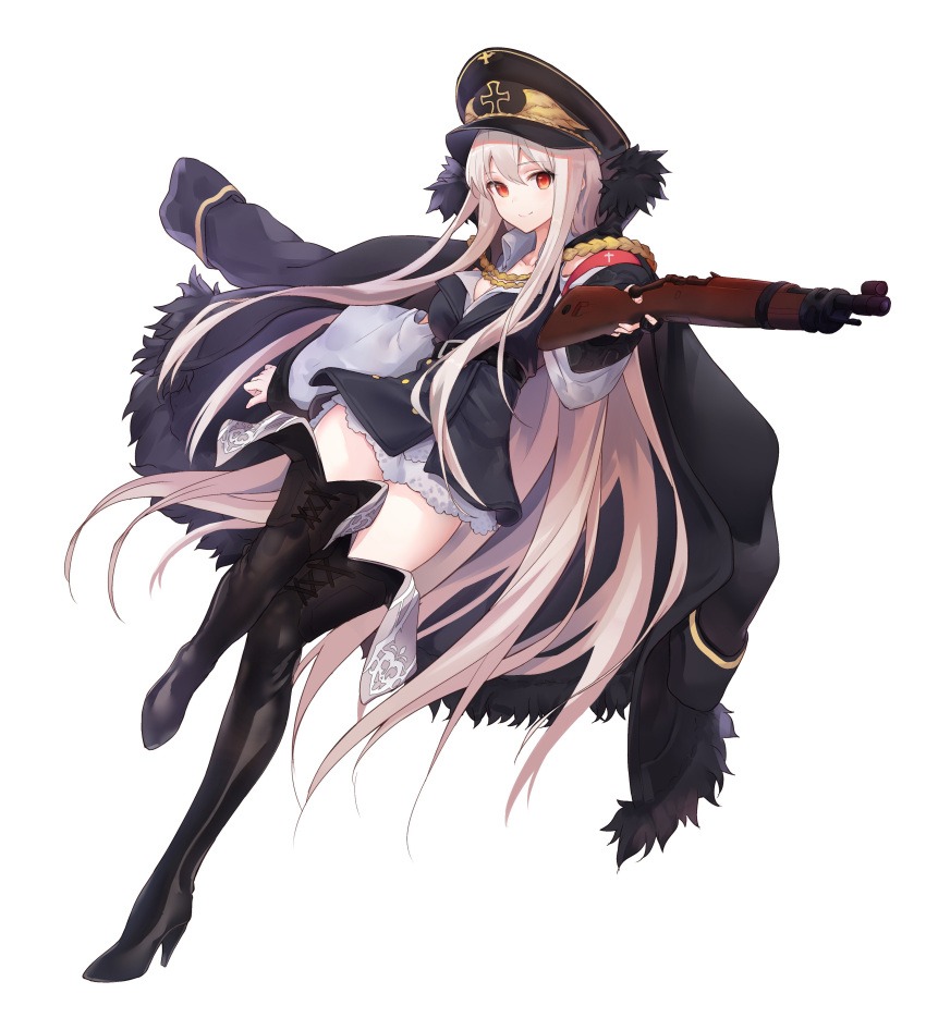 1girl absurdres ato_(haru_ato) black_boots black_coat black_jacket black_legwear boots collarbone floating_hair full_body girls_frontline grey_shirt gun hair_between_eyes hat high_heel_boots high_heels highres holding holding_gun holding_weapon jacket kar98k_(girls_frontline) long_hair military military_hat military_uniform red_eyes rifle shirt silver_hair simple_background smile solo thigh-highs thigh_boots uniform very_long_hair weapon white_background