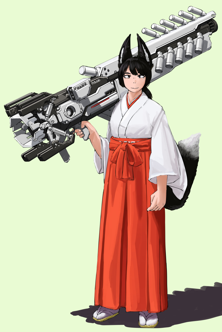 1girl absurdres animal_ears black_eyes black_hair commentary_request fox_ears fox_girl fox_tail full_body hakama highres holding holding_weapon hozumi_(ouchan) japanese_clothes long_hair long_sleeves looking_at_viewer miko original ponytail red_hakama science_fiction simple_background solo standing tail weapon wide_sleeves