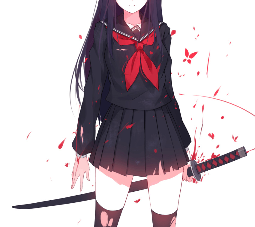 1girl black_blouse black_hair black_legwear black_sailor_collar black_shoes black_skirt blood blood_splatter blouse caidychen cel closed_mouth commentary faceless faceless_female facing_viewer holding holding_sword holding_weapon katana long_hair long_sleeves neckerchief original pleated_skirt purple_hair red_neckerchief sailor_collar shirt shoes simple_background skirt smile solo standing sword thigh-highs torn_clothes torn_shirt torn_skirt torn_thighhighs weapon white_background