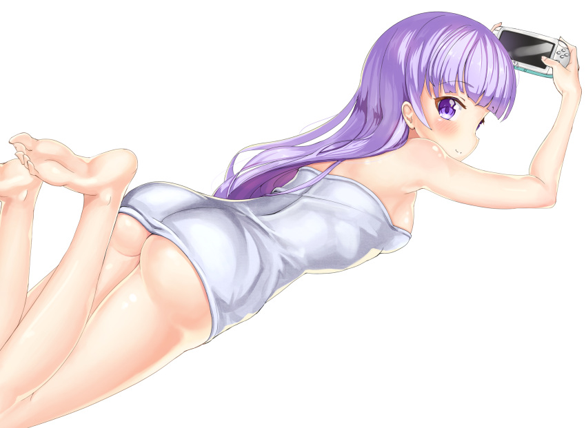 1girl 2drr absurdres ass blush breasts eyebrows_visible_through_hair handheld_game_console highres long_hair looking_at_viewer lying medium_breasts new_game! on_stomach purple_hair solo suzukaze_aoba violet_eyes