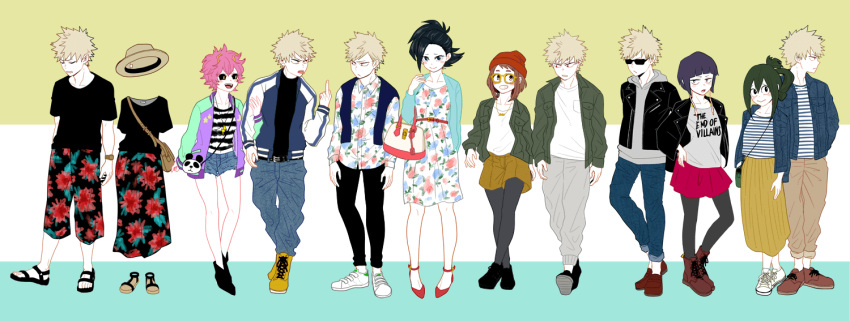 6+girls alternate_costume ashido_mina asui_tsuyu bakugou_katsuki boku_no_hero_academia casual full_body hagakure_tooru hand_holding invisible jirou_kyouka middle_finger multiple_girls red_eyes spiky_hair uraraka_ochako yaoyorozu_momo