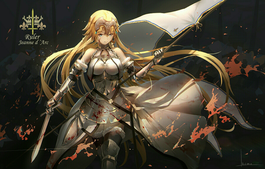 1girl absurdly_long_hair armor armored_boots armored_dress banner black_legwear blonde_hair blood boots breasts character_name fate/apocrypha fate_(series) floating_hair hair_ornament highres holding holding_sword holding_weapon large_breasts long_hair ruler_(fate/apocrypha) signature solo sword thigh-highs thigh_boots very_long_hair weapon