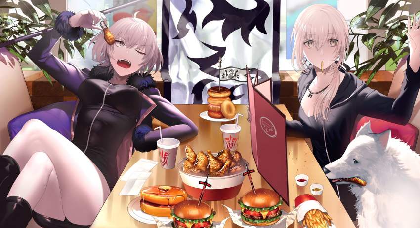 2girls arm_support commentary_request cup dog doughnut eating fate/apocrypha fate/grand_order fate_(series) food french_fries fur_trim hamburger hand_up highres indoors jeanne_alter legs_crossed looking_to_the_side miniskirt mouth_hold multiple_girls one_eye_closed pale_skin ruler_(fate/apocrypha) saber saber_alter skirt sword table tsukimoto_aoi weapon white_hair yellow_eyes