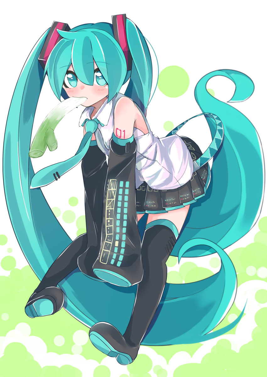 1girl absurdly_long_hair aqua_eyes aqua_hair boots detached_sleeves full_body hatsune_miku highres long_hair looking_at_viewer matching_hair/eyes mouth_hold necktie pigeon-toed sleeves_past_wrists solo spring_onion thigh-highs thigh_boots twintails very_long_hair vocaloid