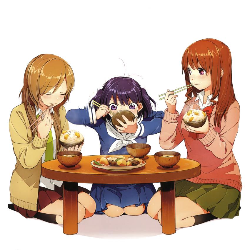 3girls ahoge arms_up beige_jacket black_legwear blue_dress blush bow bowl bowtie brown_hair chopsticks closed_eyes closed_mouth collared_shirt dress eating food green_skirt highres holding holding_bowl holding_chopsticks jacket kawai_makoto kneehighs kneeling koufuku_graffiti light_brown_hair long_hair long_sleeves looking_at_viewer machiko_ryou morino_kirin motion_blur multiple_girls neckerchief open_eyes open_mouth pink_eyes pink_jacket plate pleated_dress purple_hair red_bow red_bowtie red_skirt sailor_dress school_uniform shiina_(koufuku_graffiti) shiny shiny_hair shirt short_hair short_twintails simple_background skirt sweat sweatdrop twintails violet_eyes white_background white_collar white_neckerchief white_shirt