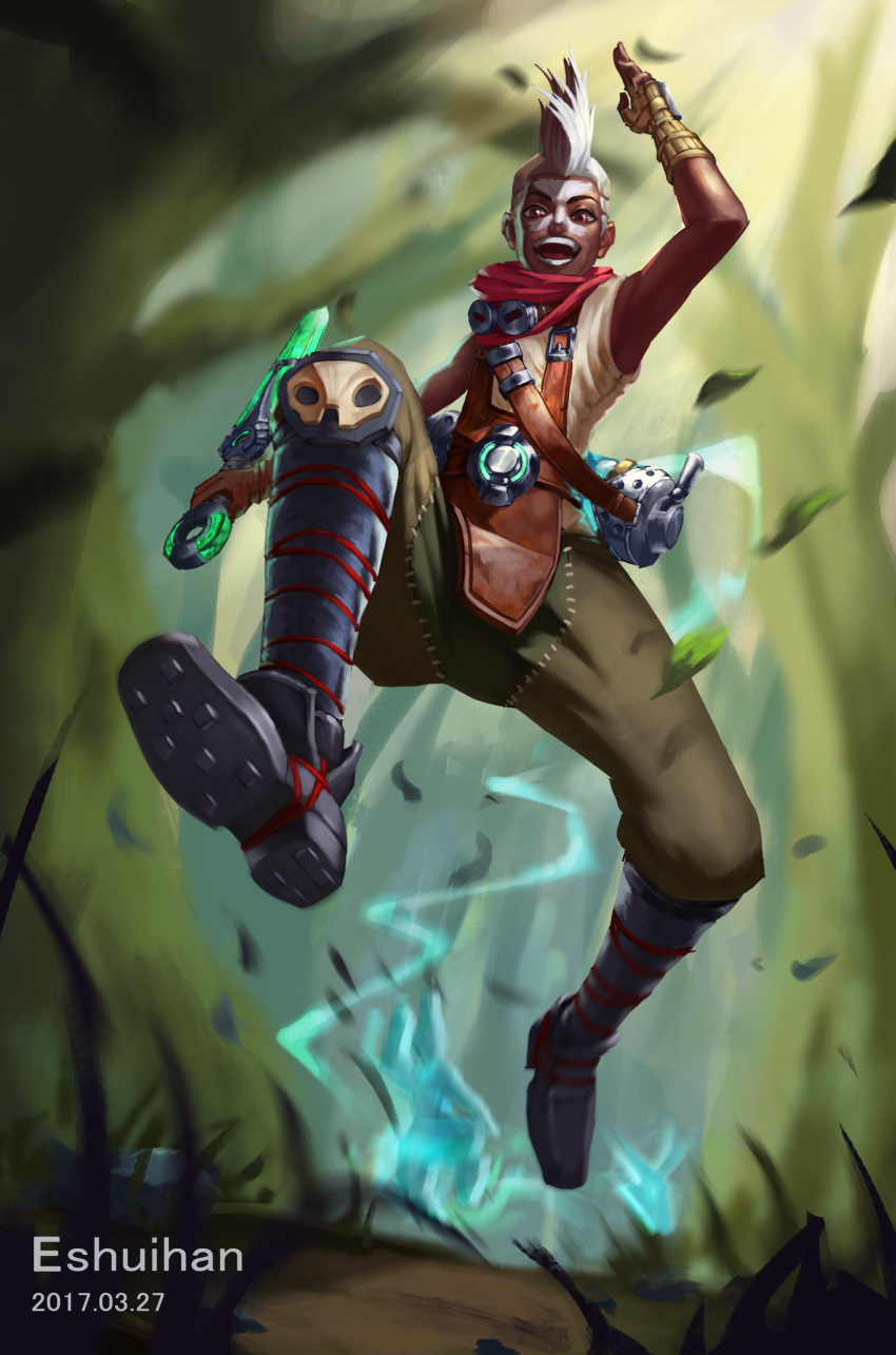 1boy absurdres boots dagger dark_skin dark_skinned_male ekko_(league_of_legends) facial_mark fingerless_gloves gloves grass highres league_of_legends male_focus mohawk open_mouth red_eyes scarf solo teeth tree weapon