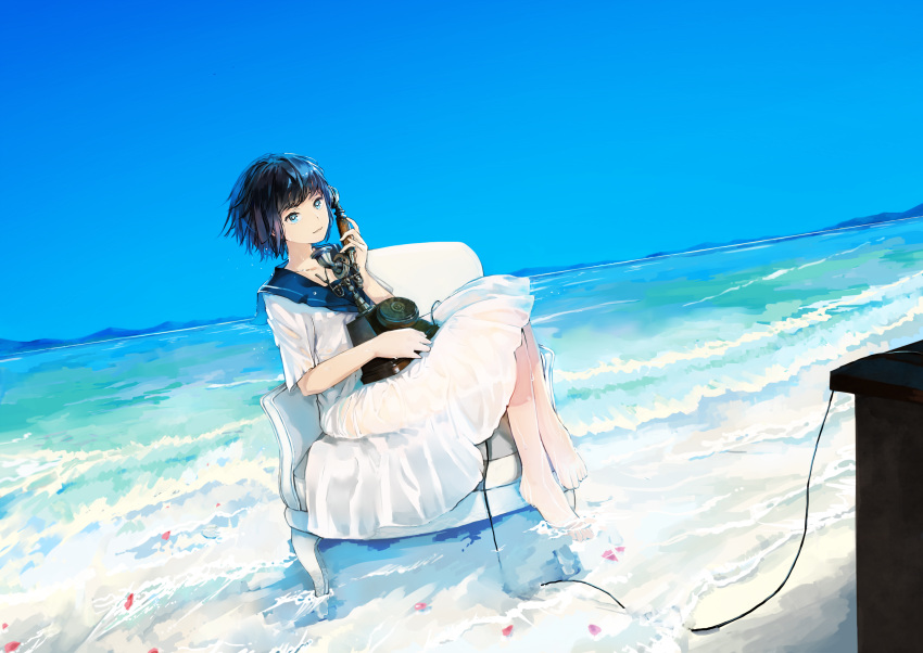 1girl antique_telephone barefoot black_hair blue_eyes blue_sky chair day dress dutch_angle highres looking_at_viewer mountain ocean original outdoors parted_lips phone raichi_(ryouraichi) reclining rotary_phone sailor_collar shoreline short_hair short_sleeves sky slouching soaking_feet solo wet wet_clothes white_dress