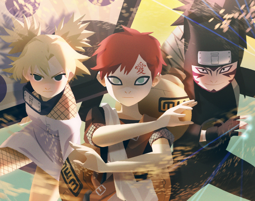 1girl 2boys absurdres alex_cho blonde_hair facial_tattoo fan fighting_stance fishnets forehead_protector forehead_tattoo gaara gourd green_eyes highres huge_filesize kankuro looking_at_viewer multiple_boys naruto redhead sand serious smile string tattoo temari