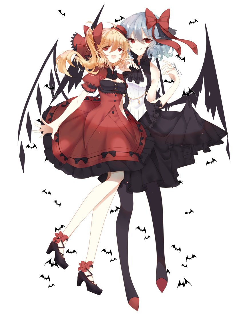 2girls :d absurdres ankle_bow ankle_ribbon arms_at_sides artist_name ascot bangs bare_arms bare_shoulders bat bat_wings black_ascot black_dress black_hat black_legwear black_shoes black_wings blonde_hair blue_hair bow breasts buttons cleavage_cutout closed_mouth commentary_request dress eyebrows_visible_through_hair eyelashes fang flandre_scarlet frilled_dress frilled_skirt frills full_body hair_between_eyes hair_bow hair_ornament hand_up hat hat_bow highres legs_together low_wings multiple_girls open_mouth pantyhose puffy_short_sleeves puffy_sleeves red_bow red_dress red_eyes red_hat red_ribbon red_shoes remilia_scarlet ribbon shoes short_dress short_hair short_sleeves siblings side-by-side side_ponytail simple_background sisters skirt sleeveless sleeveless_dress small_breasts smile spread_wings touhou white_background wings yuan_jiu