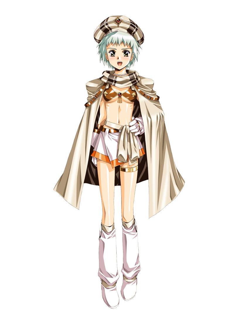 1girl absurdres bikini_top boots brown_eyes cape earrings full_body gloves green_hair growlanser growlanser_iv hat highres jewelry knee_boots mell midriff navel necklace open_mouth pearl_necklace short_hair skirt smile solo thigh_strap transparent_background urushihara_satoshi white_gloves