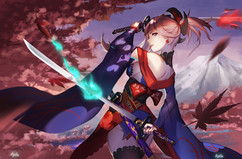 1girl absurdres arm_behind_back arm_up bare_shoulders black_legwear breasts cowboy_shot detached_collar detached_sleeves dual_wielding earrings fate/grand_order fate_(series) from_behind hair_ornament highres jewelry katana leaf light_smile lips looking_at_viewer looking_back maple_leaf medium_breasts miyamoto_musashi_(fate/grand_order) outdoors parted_lips pink_hair profile short_ponytail sideboob solo sword thigh-highs violet_eyes weapon wide_sleeves yun_lin