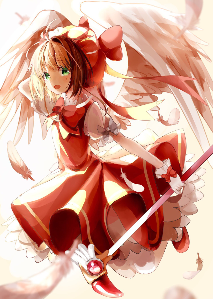 1girl angel_wings blush brown_hair card_captor_sakura gloves green_eyes highres kinomoto_sakura looking_at_viewer magical_girl open_mouth short_hair smile solo white_gloves wings yuzua