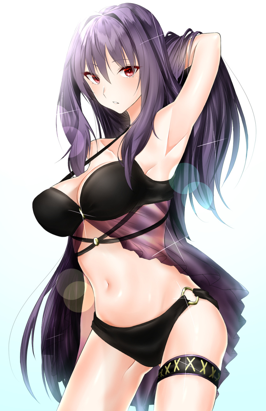 1girl arm_at_side arm_behind_head arm_up armpits bangs bare_arms bare_legs bare_shoulders bikini black_bikini breasts cleavage collarbone cowboy_shot eyebrows_visible_through_hair eyelashes fate/grand_order fate_(series) glint gluteal_fold gradient gradient_background hand_in_hair highres large_breasts legs_apart long_hair looking_at_viewer midriff navel o-ring_bikini o-ring_bottom parted_lips purple_hair red_eyes scathach_(fate/grand_order) scathach_(swimsuit_assassin)_(fate) shirasu_(kaduki1kaduki) solo sparkle standing stomach swimsuit teeth very_long_hair