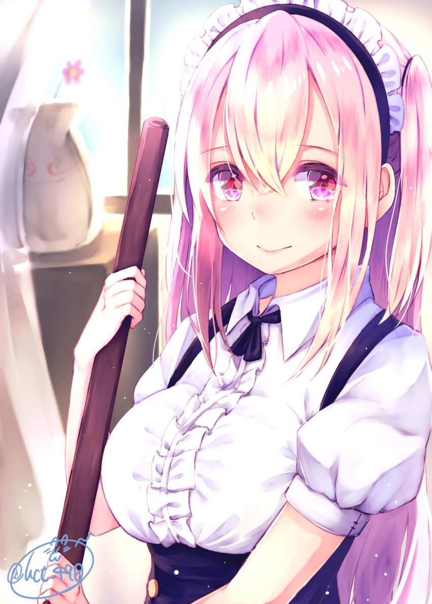 1girl blush breasts chita_(ketchup) eyebrows_visible_through_hair highres large_breasts long_hair looking_at_viewer maid maid_headdress original pink_eyes pink_hair puffy_short_sleeves puffy_sleeves short_sleeves signature smile solo upper_body