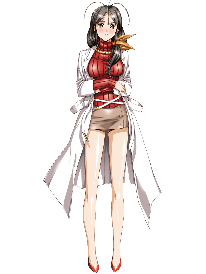 1girl absurdres ahoge brown_hair crossed_arms full_body growlanser growlanser_iv highres jewelry labcoat legs long_hair long_sleeves looking_at_viewer necklace official_art parted_lips pencil_skirt red_eyes skirt sleeves_past_wrists solo standing sweater transparent_background urushihara_satoshi