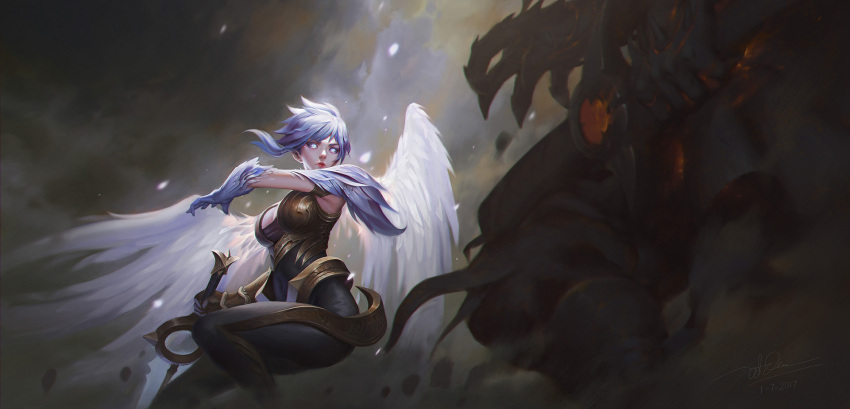 1girl angel_wings blue_eyes breasts cleavage closed_mouth dao_trong_le dated dawnbringer_riven feather-trimmed_gloves feathered_wings glowing glowing_eyes highres league_of_legends lips looking_at_viewer medium_breasts nose red_lips riven_(league_of_legends) short_hair signature solo standing sword weapon white_hair white_wings wings