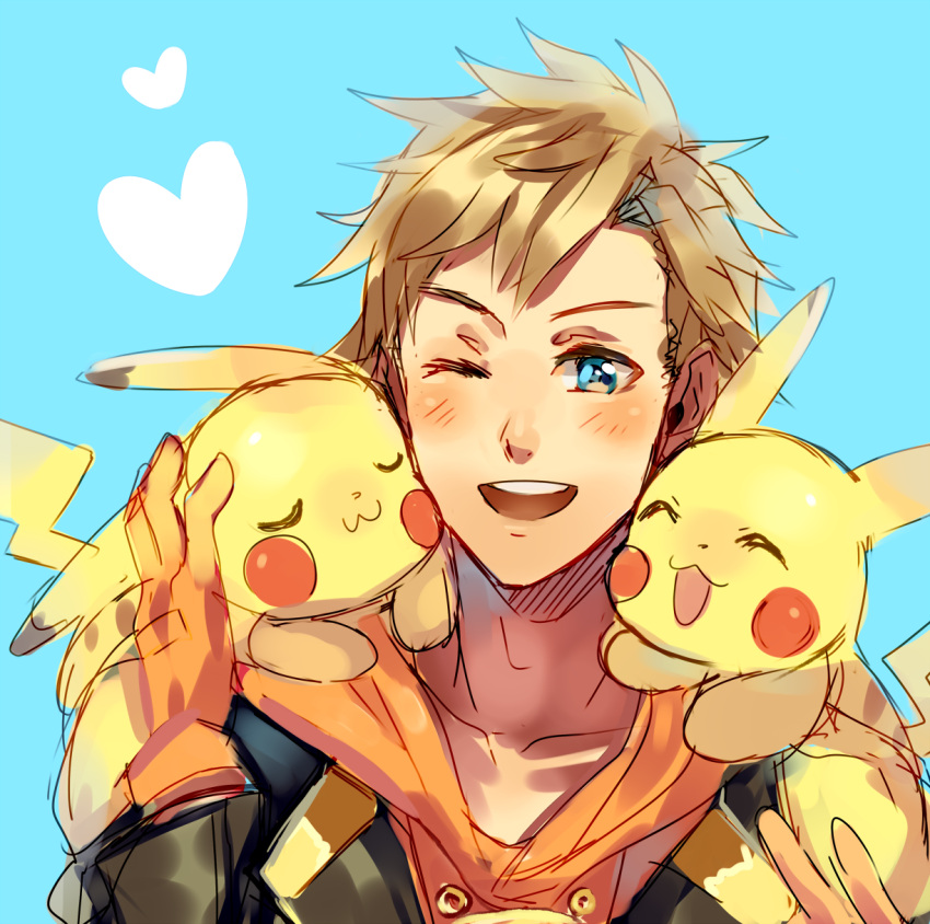 1boy blonde_hair blue_eyes happy heart highres kash-phia male_focus open_mouth pikachu pokemon pokemon_(creature) pokemon_go smile spark_(pokemon)