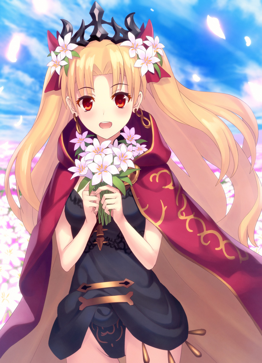 1girl :d bangs black_leotard blonde_hair blue_sky blush bouquet bow breasts cape commentary_request cowboy_shot day earrings ereshkigal_(fate/grand_order) fate/grand_order fate_(series) flower glowing groin hair_bow hair_flower hair_ornament highres holding holding_bouquet jewelry kaina_(tsubasakuronikuru) leotard long_hair looking_at_viewer open_mouth outdoors parted_bangs petals red_bow red_cape red_eyes round_teeth sky small_breasts smile solo standing teeth tiara tohsaka_rin two_side_up very_long_hair