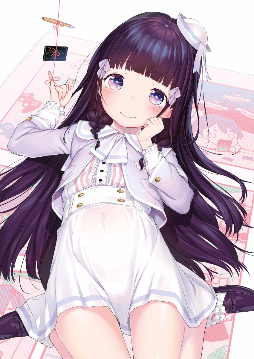 1girl absurdres bangs black_shoes blush closed_mouth dress eyebrows_visible_through_hair hat henreader highres kyou_kara_ore_wa_loli_no_himo! loafers looking_at_viewer lying mini_hat on_back pink_string pinky_out sailor_dress shoes smile socks solo string string_around_finger white_dress white_legwear