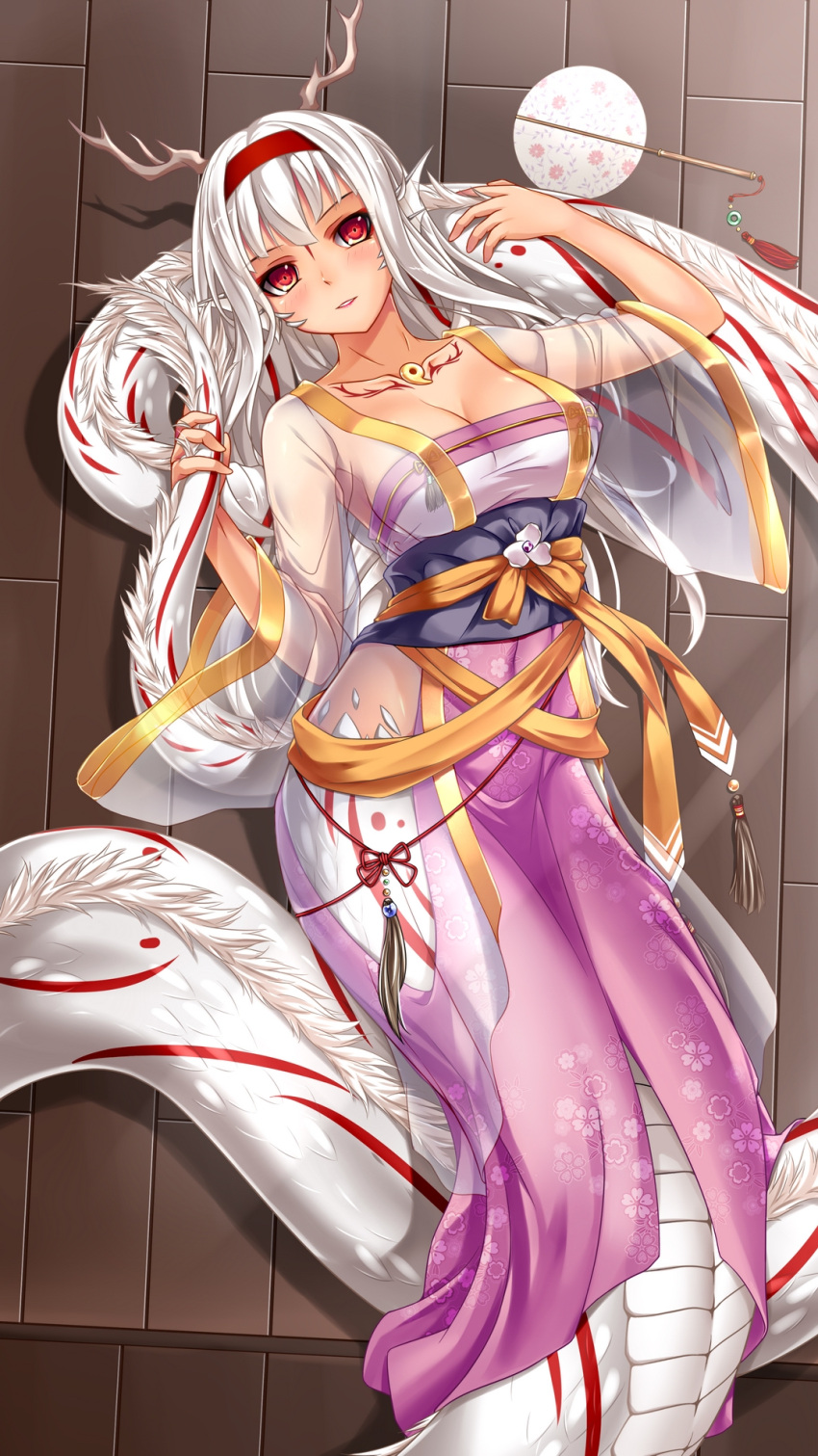 1girl breasts chinese_clothes cleavage collarbone dragon_girl eastern_dragon floral_print from_above hairband hanfu head_fins highres horns long_hair looking_at_viewer lying magatama medium_breasts midnight_(banyex) monster_girl monster_girl_encyclopedia obi on_back on_floor parted_lips red_eyes ryuu_(monster_girl_encyclopedia) sash scales see-through smile solo tattoo white_hair wide_sleeves wooden_floor