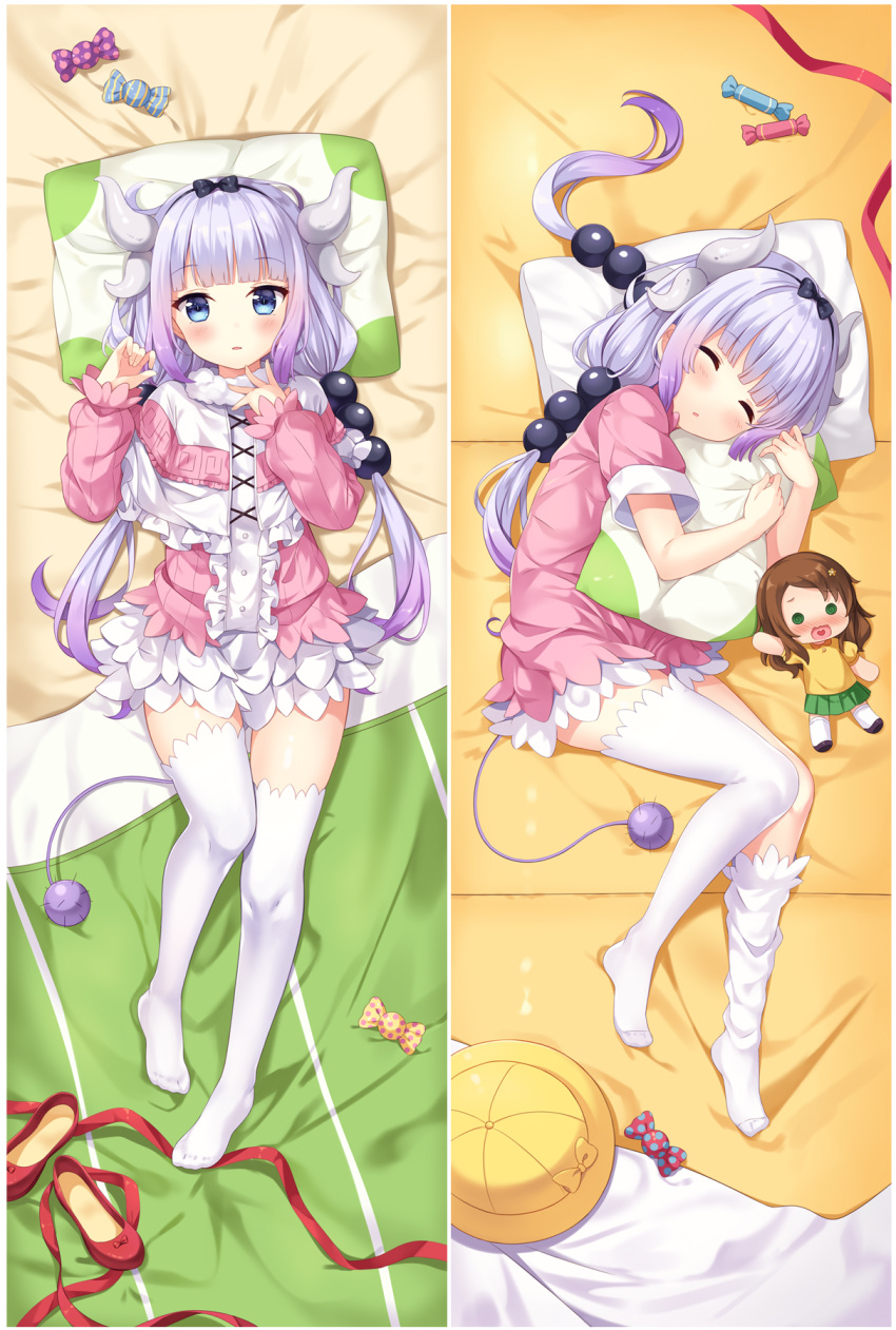 1girl bangs beads bed_sheet black_bow blue_eyes blunt_bangs blush bow brown_hair candy character_doll closed_eyes dakimakura dragon_girl dragon_horns dragon_tail dress eyebrows_visible_through_hair feet food from_above full_body hair_beads hair_bow hair_ornament hairband hands_up hat hat_bow hat_removed head_on_pillow head_rest headwear_removed heart heart_in_mouth highres hitsukuya horns kanna_kamui kobayashi-san_chi_no_maidragon lavender_hair loafers long_hair long_sleeves looking_at_viewer loose_thighhigh low_twintails lying multiple_views no_shoes on_back parted_lips pillow pillow_hug pink_dress red_bow red_ribbon red_shoes ribbon saikawa_riko shirt shoe_bow shoes shoes_removed short_sleeves skirt sleeping spread_fingers stuffed_toy tail thigh-highs twintails wavy_mouth white_legwear yellow_bow yellow_hat zettai_ryouiki