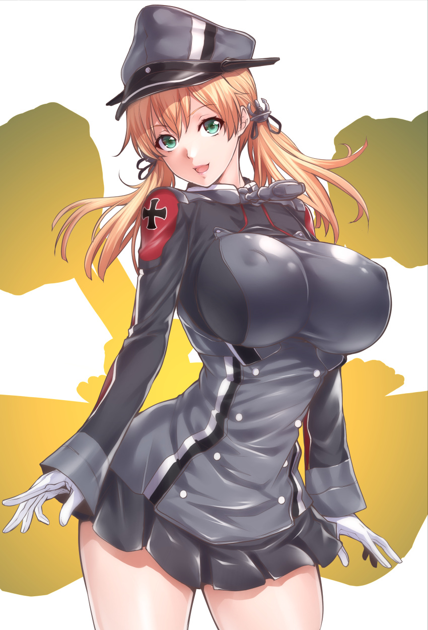 10s 1girl absurdres anchor_hair_ornament breasts erect_nipples gloves green_eyes hair_ornament hat highres huge_breasts iron_cross kantai_collection long_hair long_sleeves looking_at_viewer microskirt military military_uniform no_bra open_mouth orange_hair peaked_cap prinz_eugen_(kantai_collection) skirt smile solo twintails uniform white_gloves zucchini
