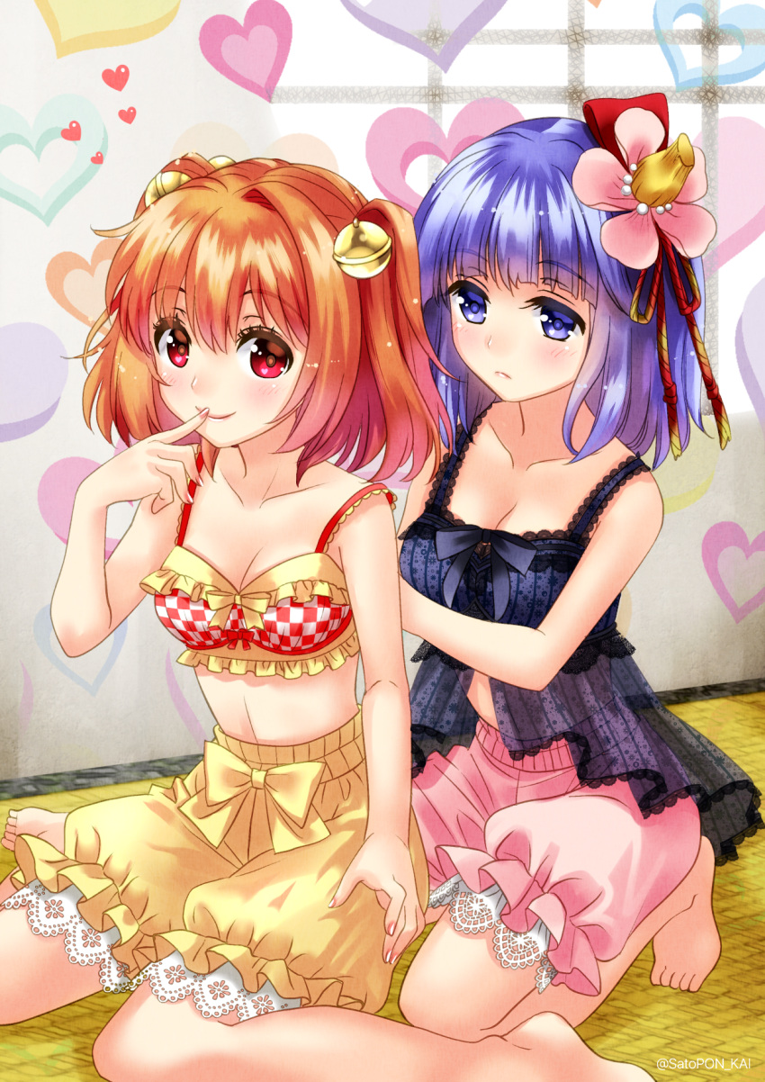 2girls babydoll bare_arms behind_another bell blue_eyes blue_hair bra checkered checkered_bra collarbone finger_to_mouth fingernails flower frown hair_bell hair_flower hair_ornament heart heart_background heart_in_eye hieda_no_akyuu highres indoors looking_at_another looking_at_viewer motoori_kosuzu multiple_girls petticoat pink_bloomers red_eyes redhead sato-pon seiza short_hair sitting smile tatami touhou twitter_username underwear underwear_only wariza yellow_bloomers