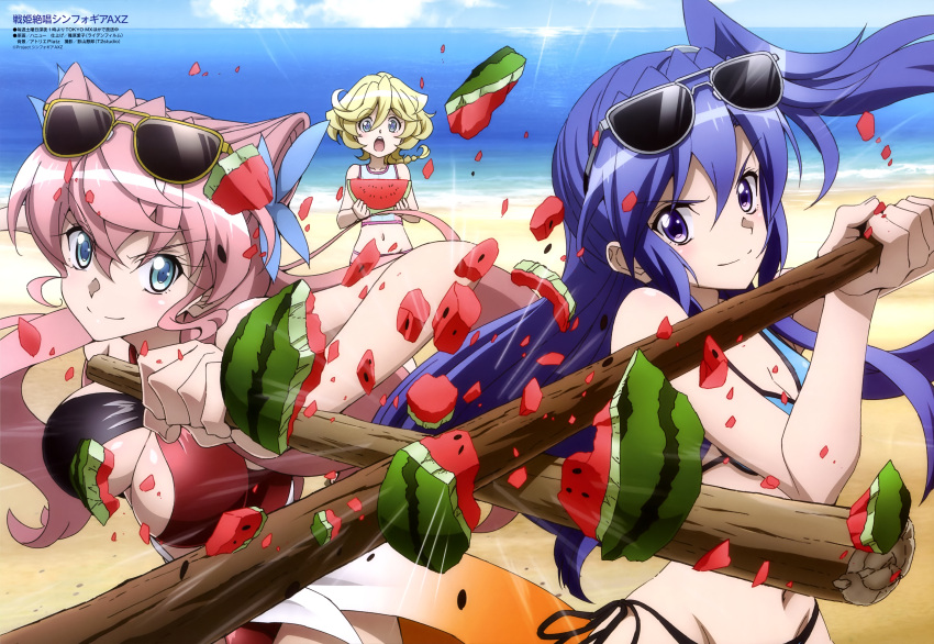 3girls absurdres beach bikini blonde_hair blue_eyes blue_hair blush breasts brown_hair day elfnein food fruit h-new hair_ornament halterneck highres kazanari_tsubasa large_breasts long_hair maria_cadenzavna_eve multiple_girls navel ocean official_art open_mouth pink_hair reverse_grip senki_zesshou_symphogear short_hair side-tie_bikini side_ponytail smile stick suikawari sunglasses sunglasses_on_head swimsuit very_long_hair violet_eyes water watermelon