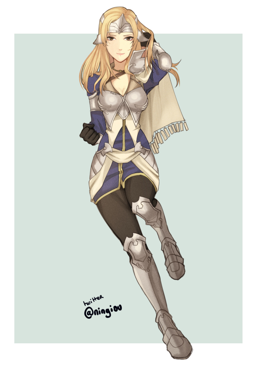 1girl armor blonde_hair blue_background breastplate fire_emblem fire_emblem_echoes:_mou_hitori_no_eiyuuou fire_emblem_gaiden gloves greaves hair_ornament highres kyou_(ningiou) looking_at_viewer matilda_(fire_emblem) simple_background solo