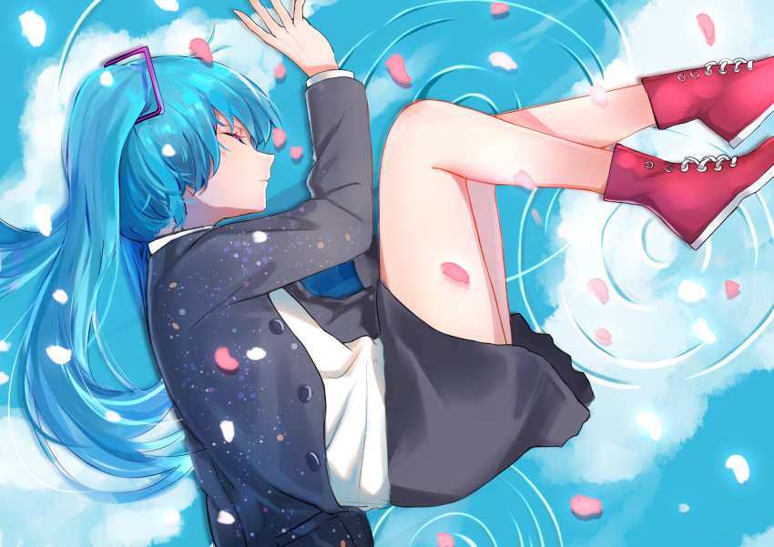 1girl absurdres blue_hair closed_eyes hatsune_miku highres long_hair lying on_side passed_out petals puddle qingli_green sleeping solo twintails unconscious vocaloid