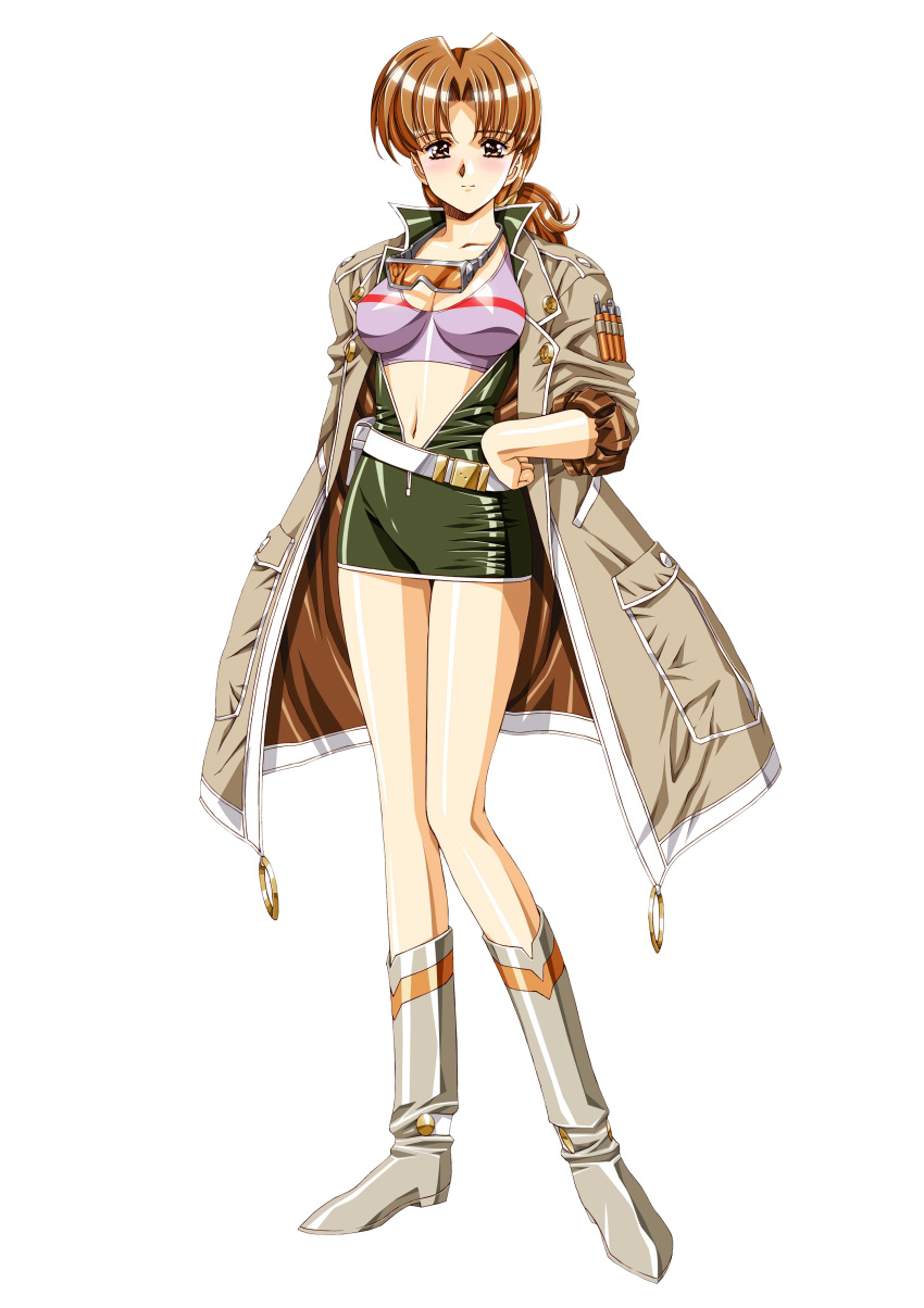 1girl absurdres belt bikini_top boots breasts brown_eyes brown_hair cleavage coat collarbone goggles goggles_around_neck growlanser growlanser_iv hand_on_hip highres long_hair long_legs maggy_(growlanser) medium_breasts official_art short_hair solo transparent_background urushihara_satoshi