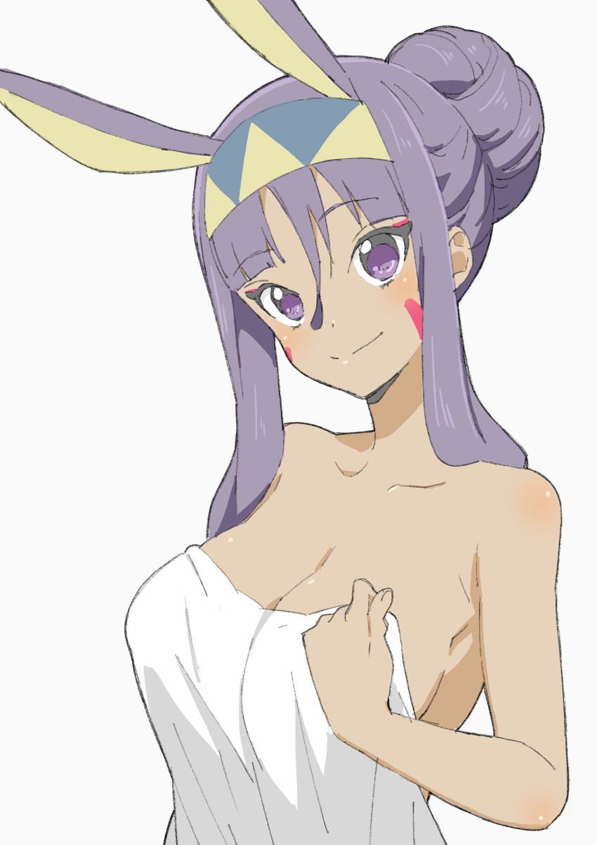 1girl absurdres animal_ears bare_shoulders breasts cleavage closed_mouth covering donguri_suzume eyebrows_visible_through_hair eyeliner facial_mark fake_animal_ears fate/grand_order fate_(series) grey_background hair_between_eyes hair_bun highres large_breasts makeup naked_towel nitocris_(fate/grand_order) nude_cover purple_hair sidelocks simple_background solo towel violet_eyes