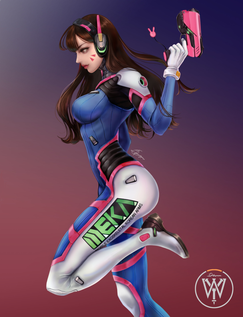 12cm 1girl absurdres acronym animal_print artist_name bad_anatomy bad_leg bangs blue_bodysuit bodysuit breasts brown_eyes brown_hair bunny_print charm_(object) clothes_writing cowboy_shot d.va_(overwatch) facepaint facial_mark finger_on_trigger gloves gradient gradient_background gun handgun headphones high_collar highres holding holding_gun holding_weapon long_hair long_legs looking_down medium_breasts overwatch pilot_suit pink_background pink_lips pistol profile purple_background ribbed_bodysuit shoulder_pads signature skin_tight solo standing standing_on_one_leg swept_bangs watermark weapon whisker_markings white_gloves