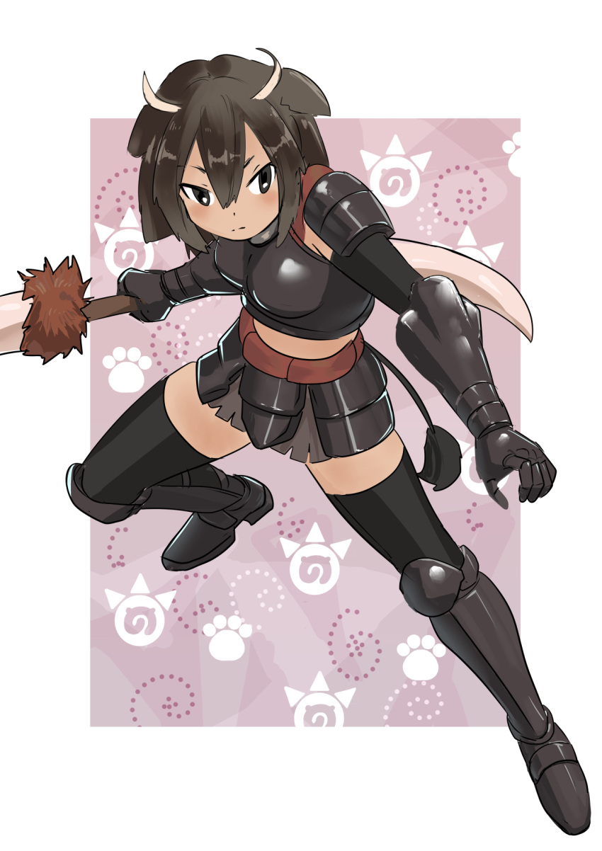 1girl american_bison_(kemono_friends) animal_ears armor armored_boots bison boots brown_hair full_body gauntlets gloves highres horns japari_symbol kemono_friends momosuke_(ishakry) polearm short_hair solo spear tail thigh-highs weapon