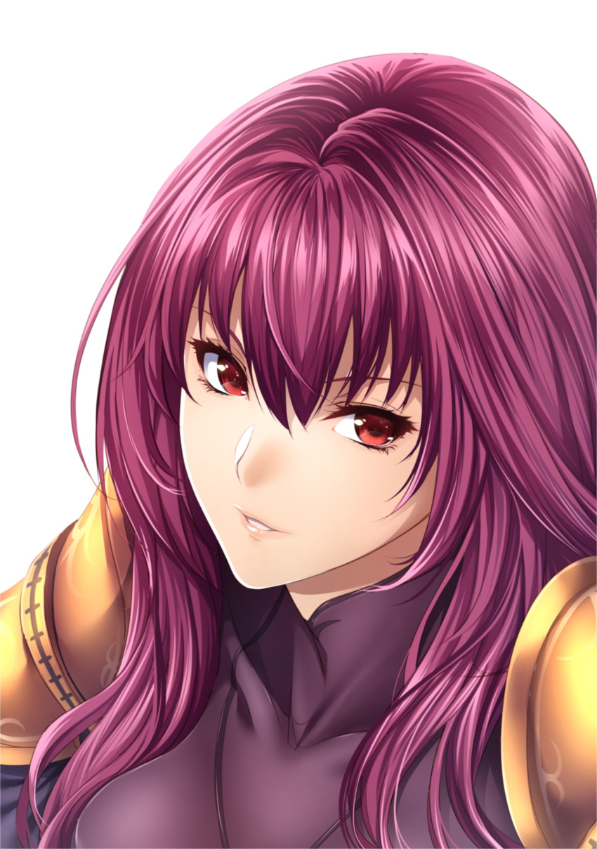 absurdres armor bodysuit fate/grand_order fate_(series) highres lips long_hair looking_at_viewer pauldrons purple_hair red_eyes scathach_(fate/grand_order) shoulder_armor solo zucchini