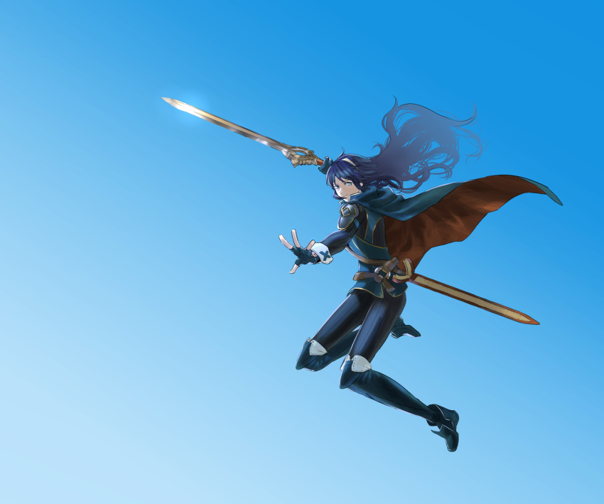 1girl blue_eyes blue_hair cape falchion_(fire_emblem) fingerless_gloves fire_emblem fire_emblem:_kakusei gloves highres long_hair looking_at_viewer lucina smile solo sword tiara weapon