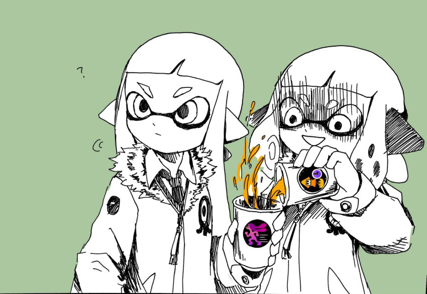 2girls ? bangs blunt_bangs coffee domino_mask green_background hand_in_pocket headgear inkling jacket long_hair looking_afar mask multiple_girls pointy_ears shaded_face short_hair simple_background splatoon tentacle_hair upper_body