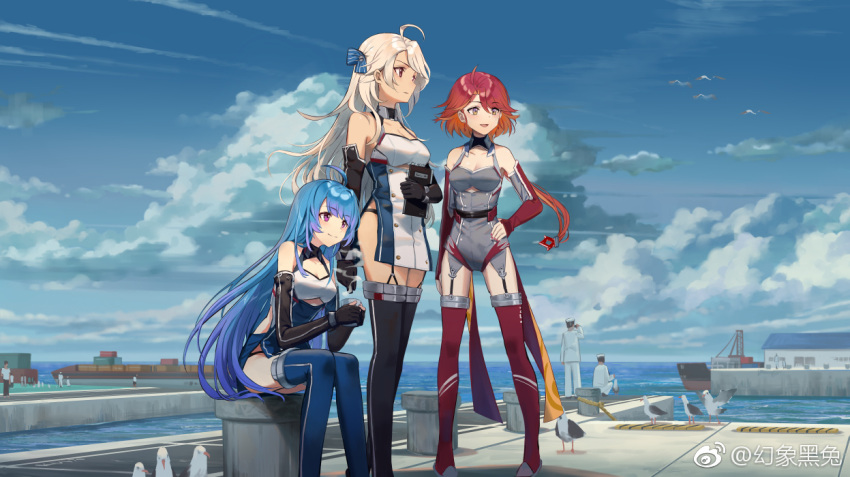 3girls ahoge bilan_hangxian bird black_gloves black_legwear black_panties blue_hair blue_legwear blue_sky breasts brown_eyes cleavage cleavage_cutout clipboard closed_mouth clouds cloudy_sky cup day dress elbow_gloves expressionless eyebrows_visible_through_hair fingerless_gloves garter_straps gloves horizon huanxiang_heitu leotard light_brown_hair long_hair looking_away low_ponytail medium_breasts multiple_girls nail_polish object_hug ocean outdoors own_hands_together panties pigeon-toed red_gloves redhead seagull short_dress side_slit sitting sky smile standing thigh-highs underwear very_long_hair violet_eyes watermark zettai_ryouiki