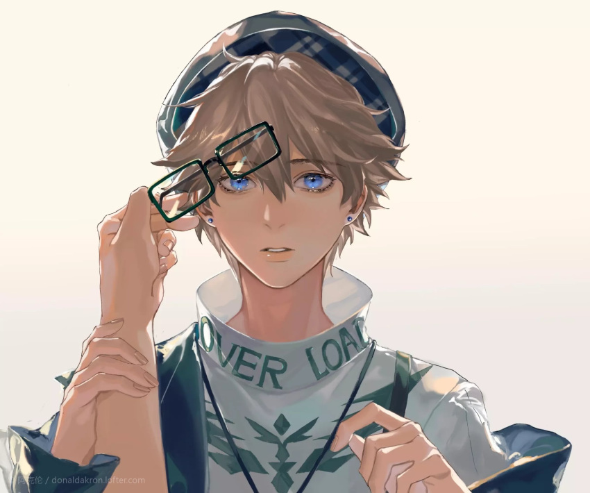 1boy bangs beige_background blue_eyes brown_hair character_request clothes_writing donaldakron earrings glasses hair_between_eyes hand_on_another's_arm hat highres jewelry looking_at_viewer necklace off_shoulder out_of_frame parted_lips plaid portrait pov pov_hands punishing:_gray_raven removing_eyewear short_hair simple_background solo_focus stud_earrings turtleneck