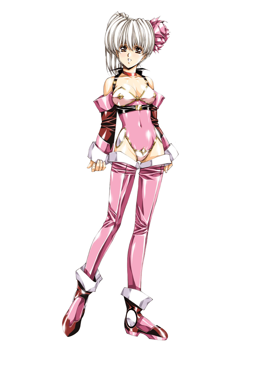 1girl absurdres alicia_marculey ankle_boots bangs bare_shoulders boots breasts choker cleavage covered_navel detached_sleeves full_body grin growlanser growlanser_iv hair_ornament high_heels highleg highleg_leotard highres leotard looking_at_viewer medium_breasts official_art pink_boots pink_legwear pink_leotard shiny shiny_clothes shiny_skin short_hair side_ponytail sleeves_past_wrists smile solo standing transparent_background urushihara_satoshi white_hair