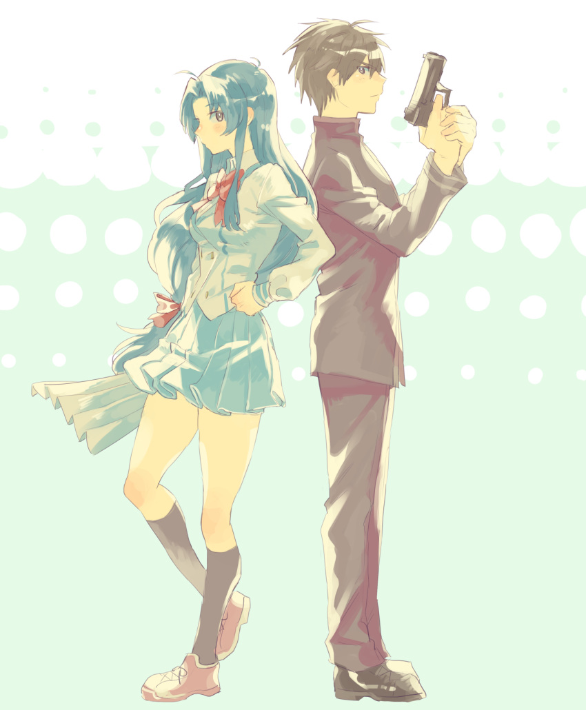 1boy 1girl ahoge aisutabetao back-to-back black_legwear blazer blue_background blue_hair bow bowtie breasts brown_eyes brown_hair chidori_kaname fan folding_fan full_body full_metal_panic! gun hair_ribbon hand_on_hip handgun harisen highres jacket kneehighs long_hair medium_breasts pants pleated_skirt profile ribbon sagara_sousuke school_uniform shirt shoes short_hair sketch skirt standing weapon