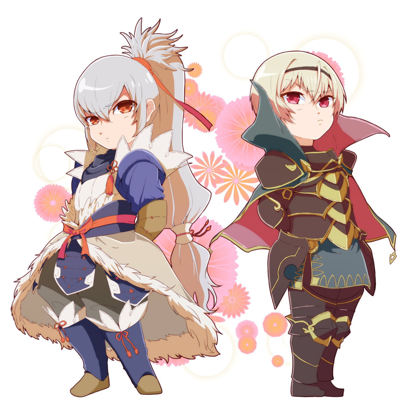 2boys armor blonde_hair chibi fire_emblem fire_emblem_if floral_background highres japanese_clothes leon_(fire_emblem_if) looking_at_viewer multiple_boys ponytail red_eyes takumi_(fire_emblem_if) white_hair
