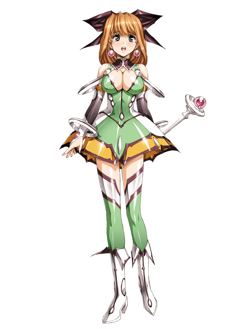 1girl absurdres bare_shoulders breasts cleavage dress earrings full_body green_eyes growlanser growlanser_iv growlanser_iv:_over_reloaded highres jewelry large_breasts long_hair official_art orange_hair short_dress thigh-highs transparent_background tricia_(growlanser) urushihara_satoshi zettai_ryouiki