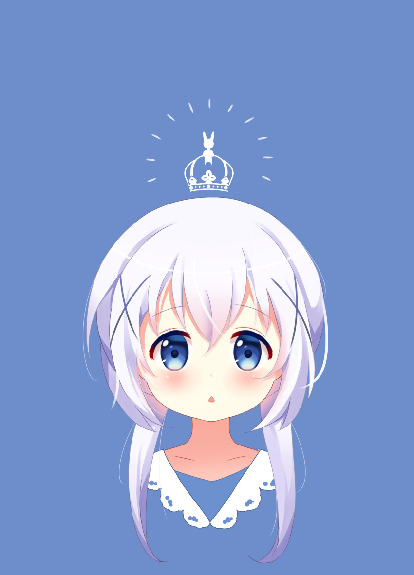 1girl absurdres blue_background blue_eyes blue_hair blush collarbone deyui eyebrows_visible_through_hair gochuumon_wa_usagi_desu_ka? hair_ornament highres kafuu_chino long_hair looking_at_viewer parted_lips triangle_mouth upper_body x_hair_ornament