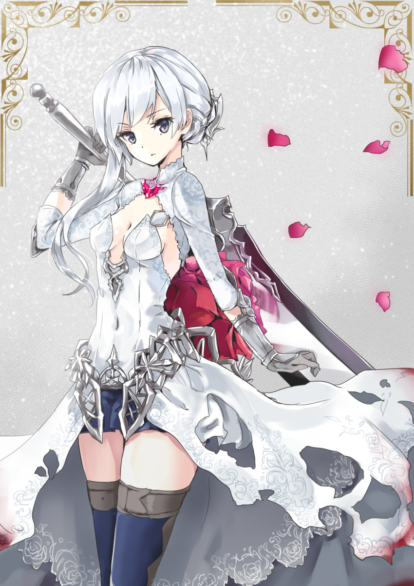 1girl asymmetrical_hair bangs blue_legwear blue_skirt closed_mouth covered_navel dress eyebrows_visible_through_hair gloves grey_gloves grey_hair highres holding holding_sword holding_weapon long_hair looking_at_viewer miniskirt petals pleated_skirt shironeko_yuuki sinoalice skirt snow_white_(sinoalice) solo sword thigh-highs thighs weapon white_dress