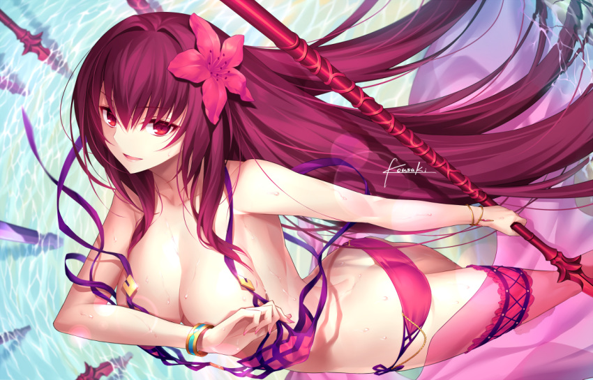 1girl artist_name ass bangs bare_shoulders bikini bikini_top_removed bracelet breasts butt_crack cleavage collarbone commentary_request covering covering_breasts eyebrows_visible_through_hair fate/grand_order fate_(series) flower gae_bolg hair_flower hair_ornament hips holding holding_weapon jewelry kousaki_rui lance large_breasts long_hair looking_at_viewer nail_polish parted_lips perspective polearm purple_hair red_bikini red_eyes sarong scathach_(fate/grand_order) scathach_(swimsuit_assassin)_(fate) signature smile solo swimsuit thigh_strap thighs water weapon wet